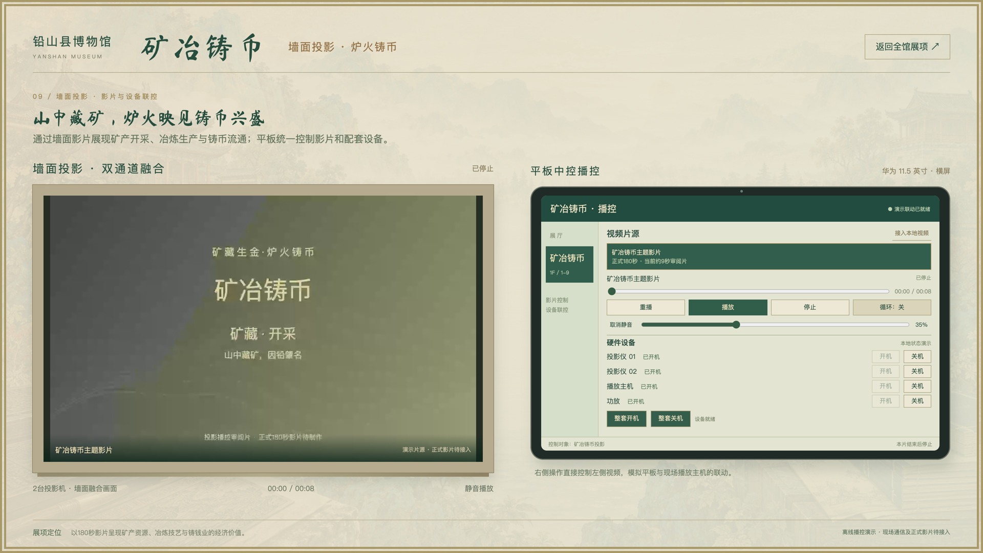 矿冶铸币投影墙面投影与平板联控